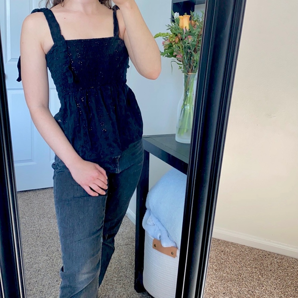 ASOS Smocked Black Eyelet Tank w Tie Shoulders